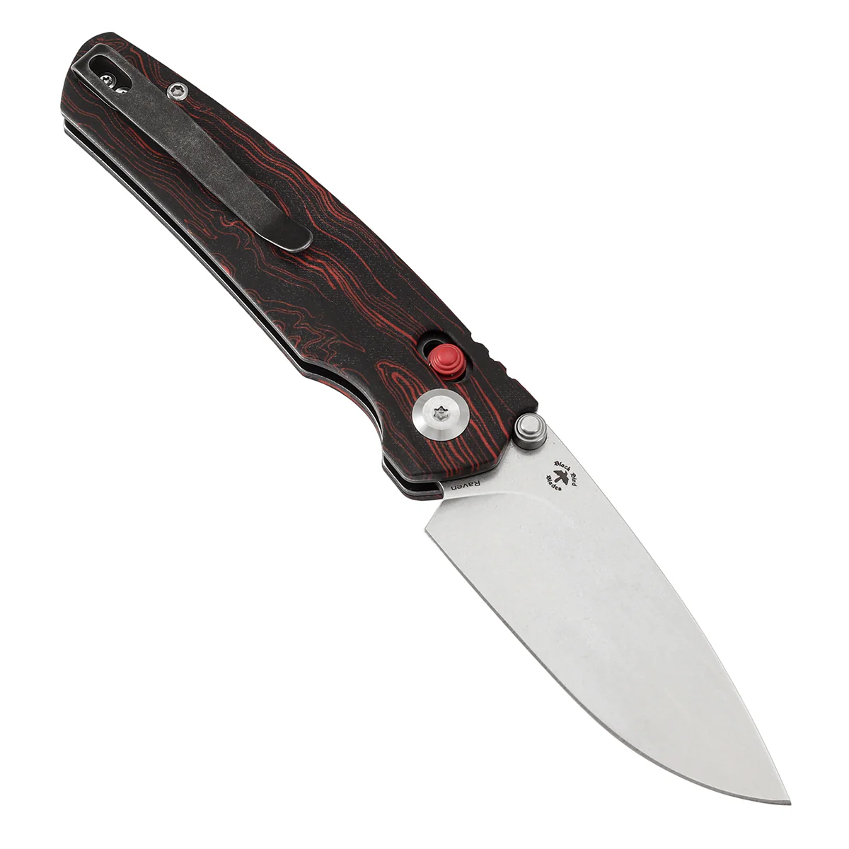 Tenable Raven Cross Bar Lock Folding Knife | 3.14" Stonewashed 14C28N Blade | Red and Black G-mascus Handle |  Black Bird Blades Design -T2109V3 - Image 3