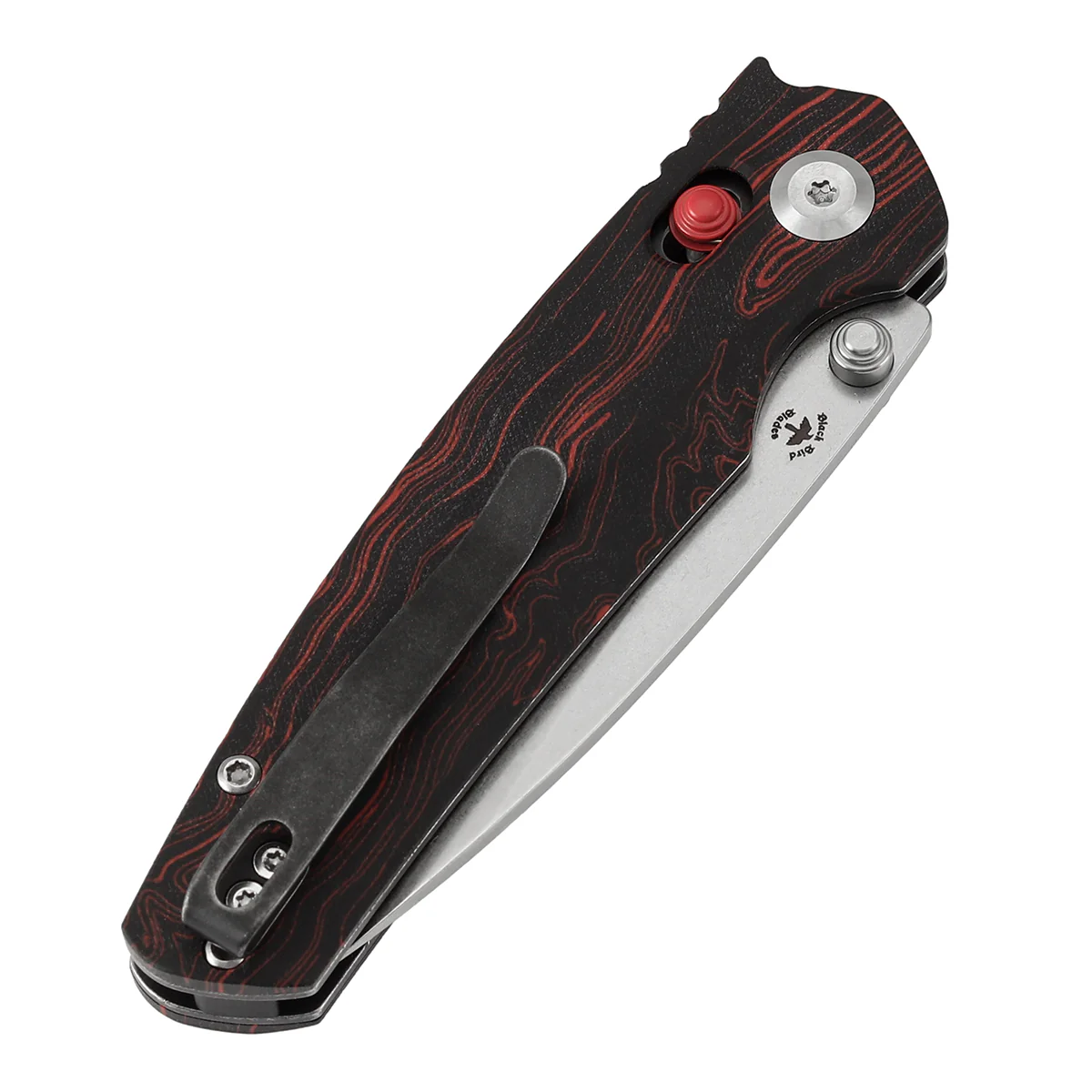 Tenable Raven Cross Bar Lock Folding Knife | 3.14" Stonewashed 14C28N Blade | Red and Black G-mascus Handle |  Black Bird Blades Design -T2109V3 - Image 7