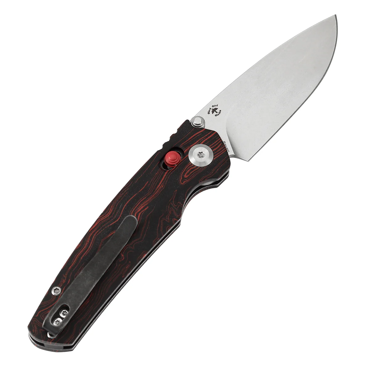 Tenable Raven Cross Bar Lock Folding Knife | 3.14" Stonewashed 14C28N Blade | Red and Black G-mascus Handle |  Black Bird Blades Design -T2109V3 - Image 8