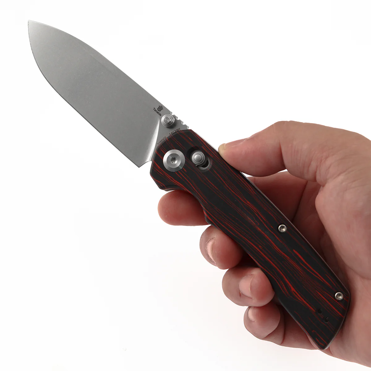 Tenable Kryo Cross Bar Lock | Red & Black G-mascus Handle | 3.58‘’ Stonewashed 14C28N Blade | Kim Ning Design-T1001V11 - Image 9