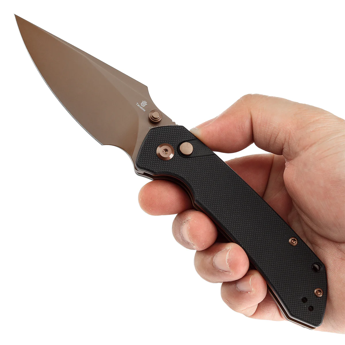 BladeHQ Exclusive Tenable Fenrir Button Lock Knife Black G-10 (3.4" Rose Gold 14C28N) T1034F2 - Image 9