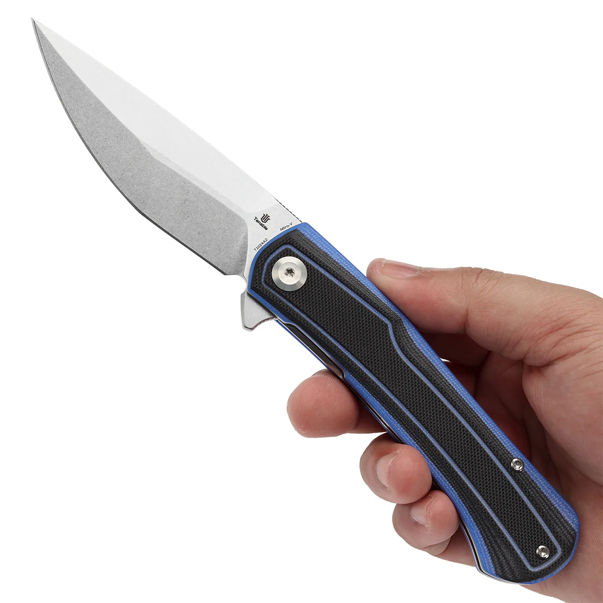 Tenable Kratos Folding Knife Black and Blue G10 Handle(3.79" Stonewashed Nitro-V Blade) Ostap Hel Design-T1024A2 - Image 9