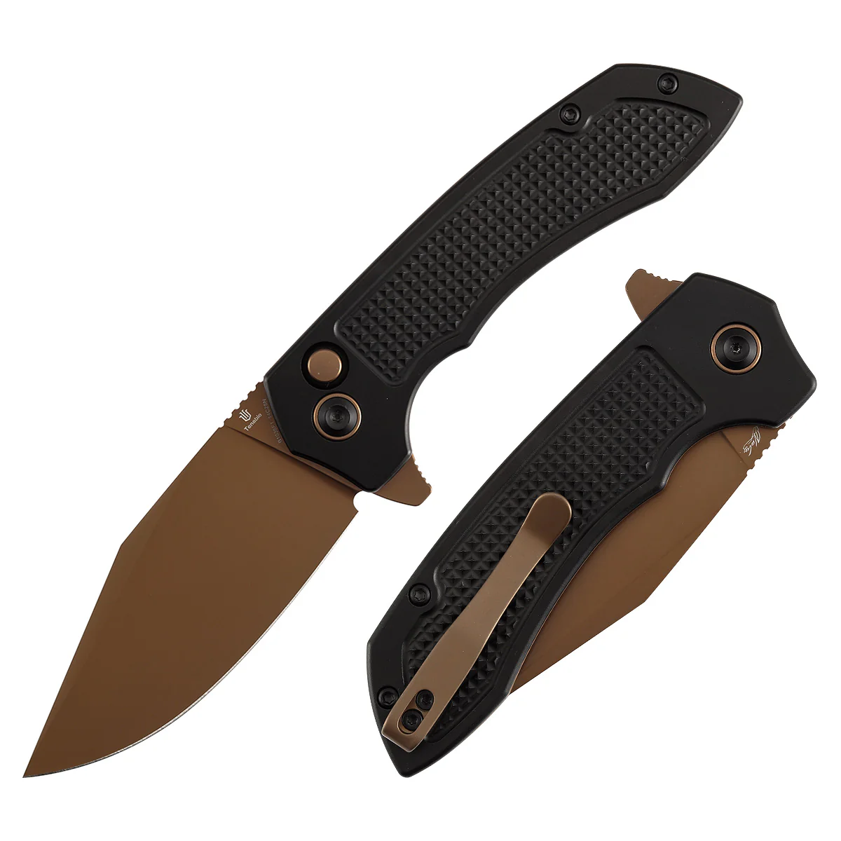 Entity  Button Lock Folding Knife - 3.52'' Rose Gold 14C28N Blade| Black Aluminum Handle| Nalu Knives - B1036F1