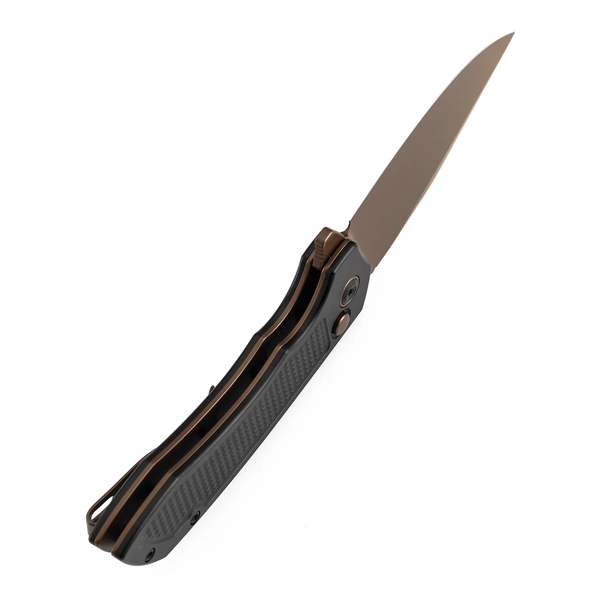 Entity  Button Lock Folding Knife - 3.52'' Rose Gold 14C28N Blade| Black Aluminum Handle| Nalu Knives - B1036F1 - Image 4