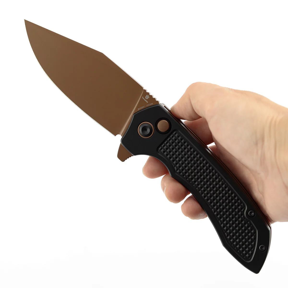 Entity  Button Lock Folding Knife - 3.52'' Rose Gold 14C28N Blade| Black Aluminum Handle| Nalu Knives - B1036F1 - Image 9