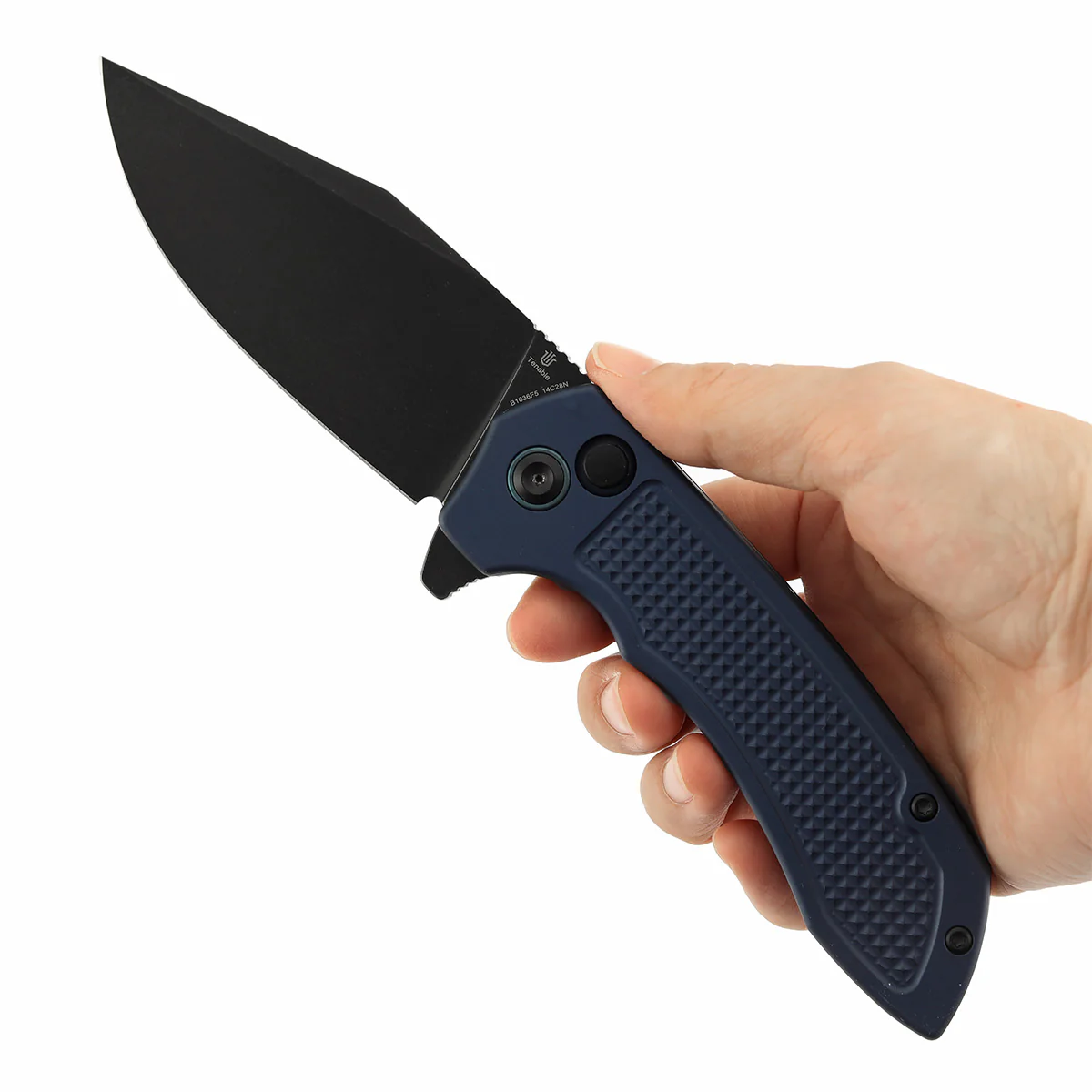Entity Button Lock Folding Knife - 3.52'' Blackwash 14C28N Blade| Blue Aluminum Handle| Nalu Knives - B1036F5 - Image 9