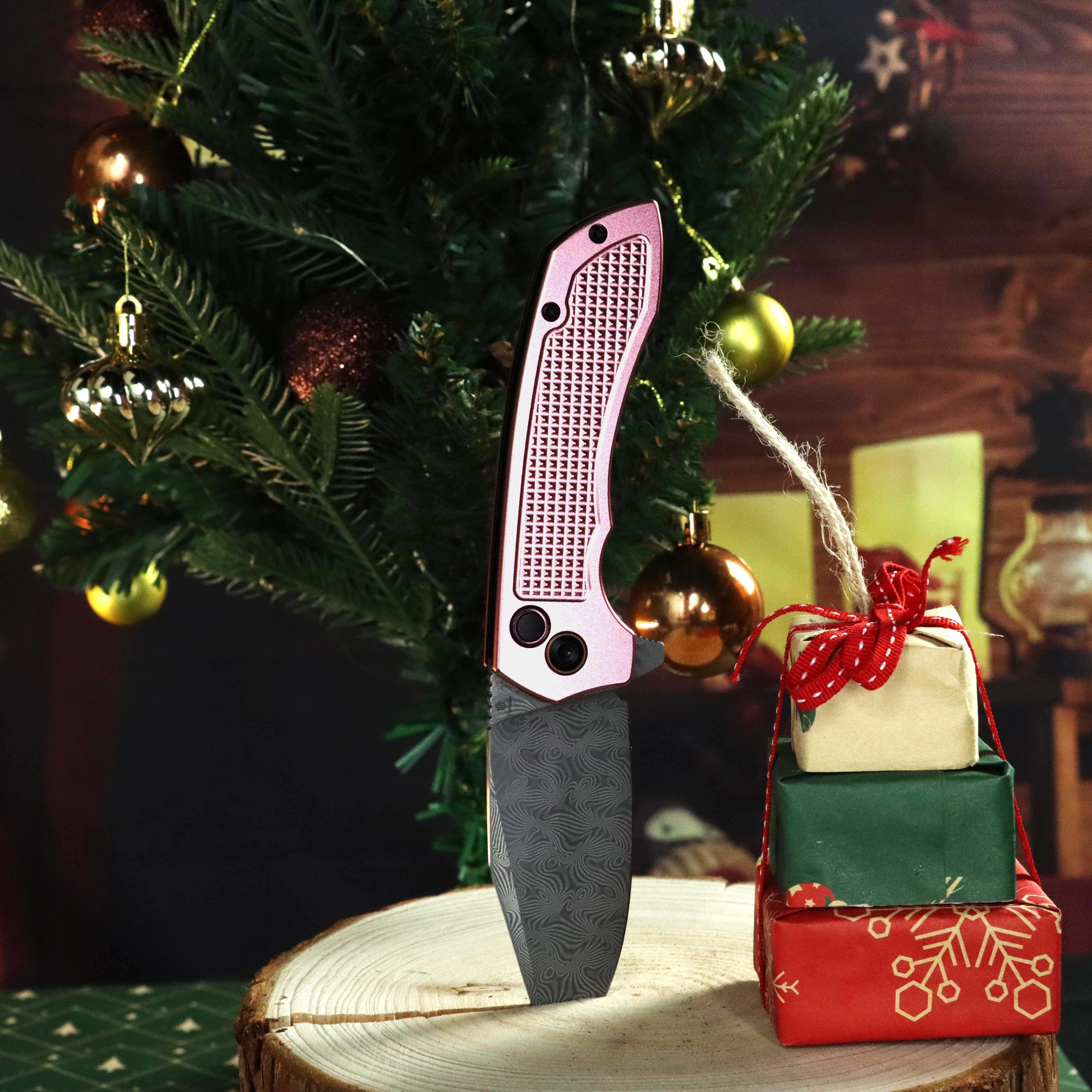 Entity Button Lock Flipper Knife - 3.52'' Water Ripple Damascus Blade| Rose Gold Aluminum Handle| Nalu Knives - B1036F4 - Image 10