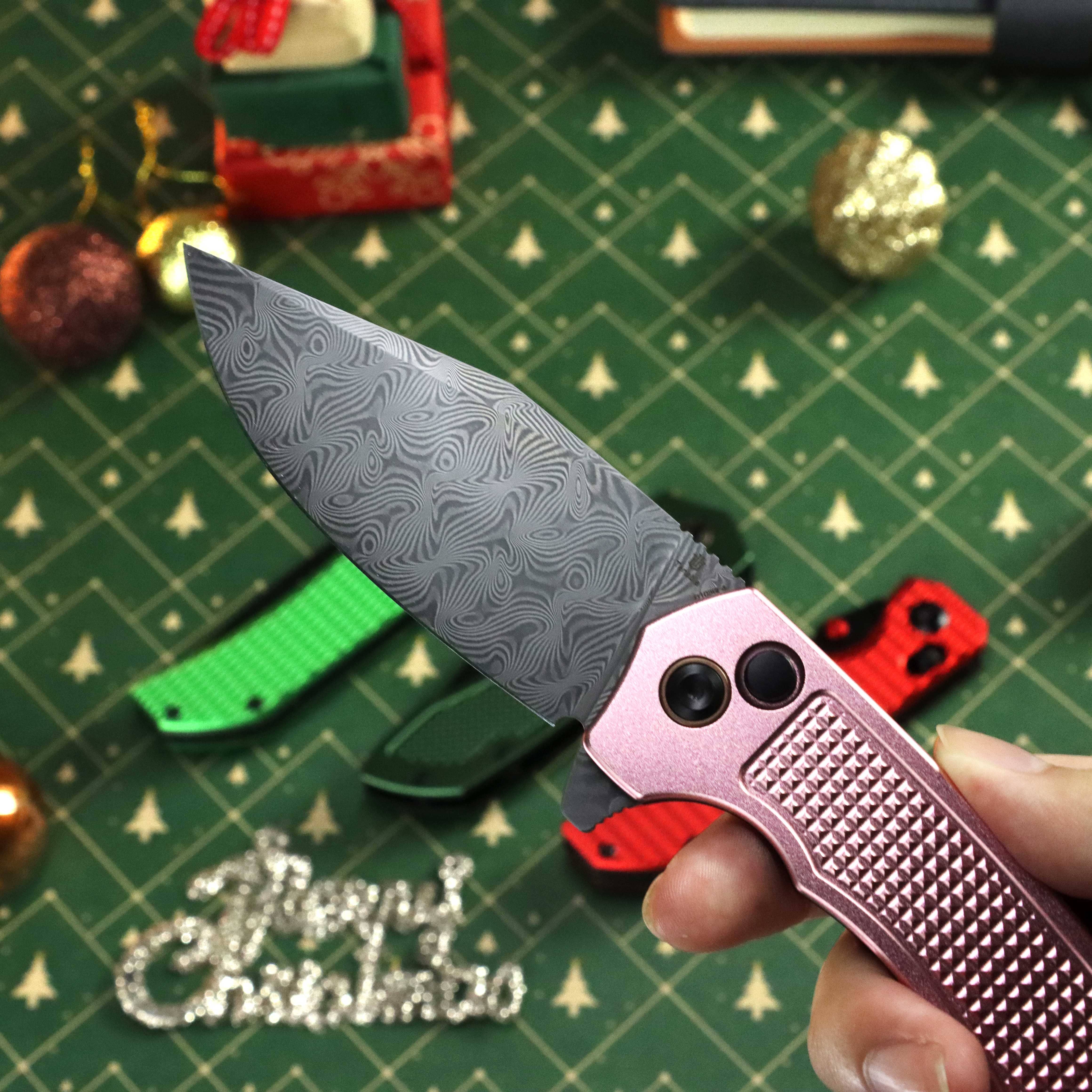 Entity Button Lock Flipper Knife - 3.52'' Water Ripple Damascus Blade| Rose Gold Aluminum Handle| Nalu Knives - B1036F4 - Image 11