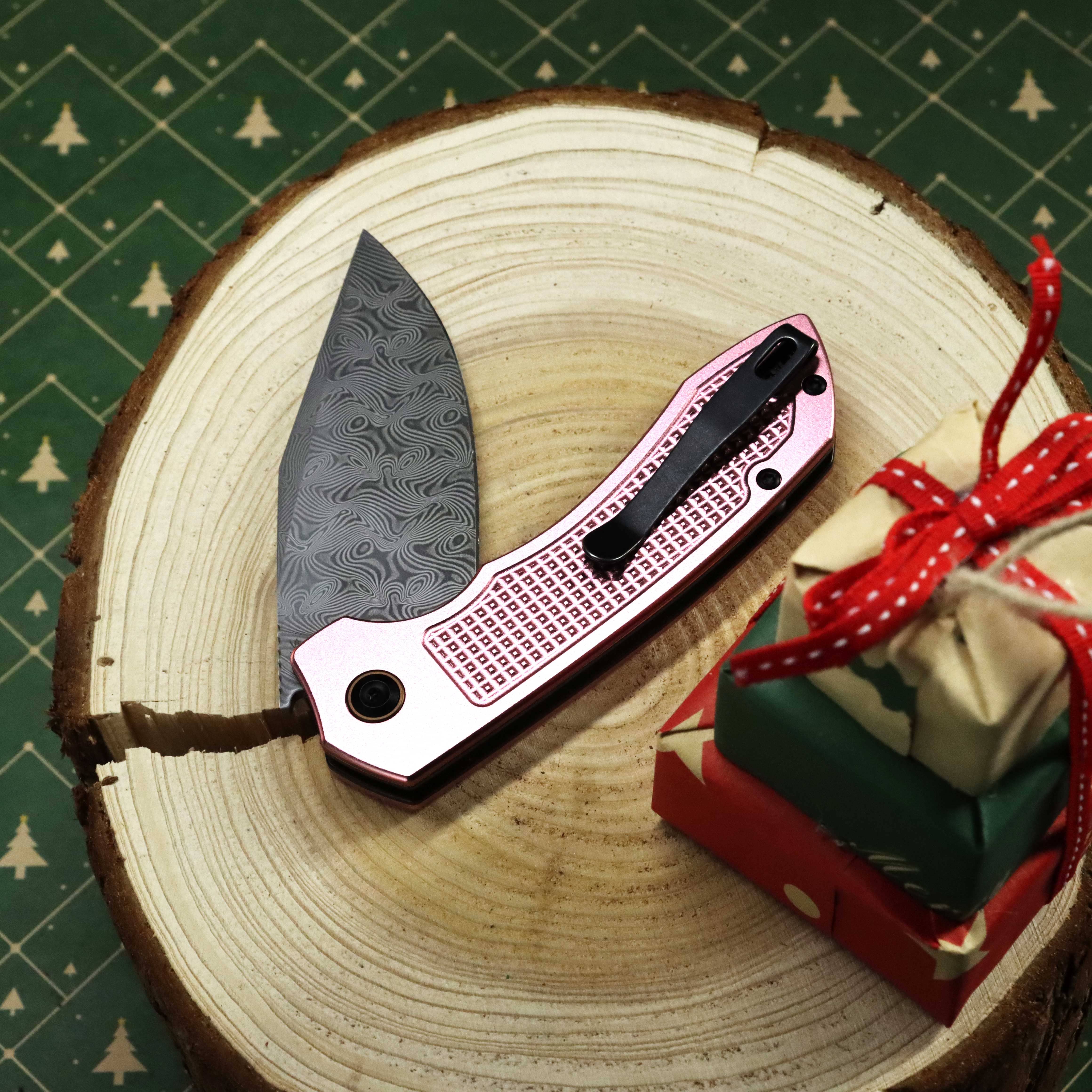Entity Button Lock Flipper Knife - 3.52'' Water Ripple Damascus Blade| Rose Gold Aluminum Handle| Nalu Knives - B1036F4 - Image 12