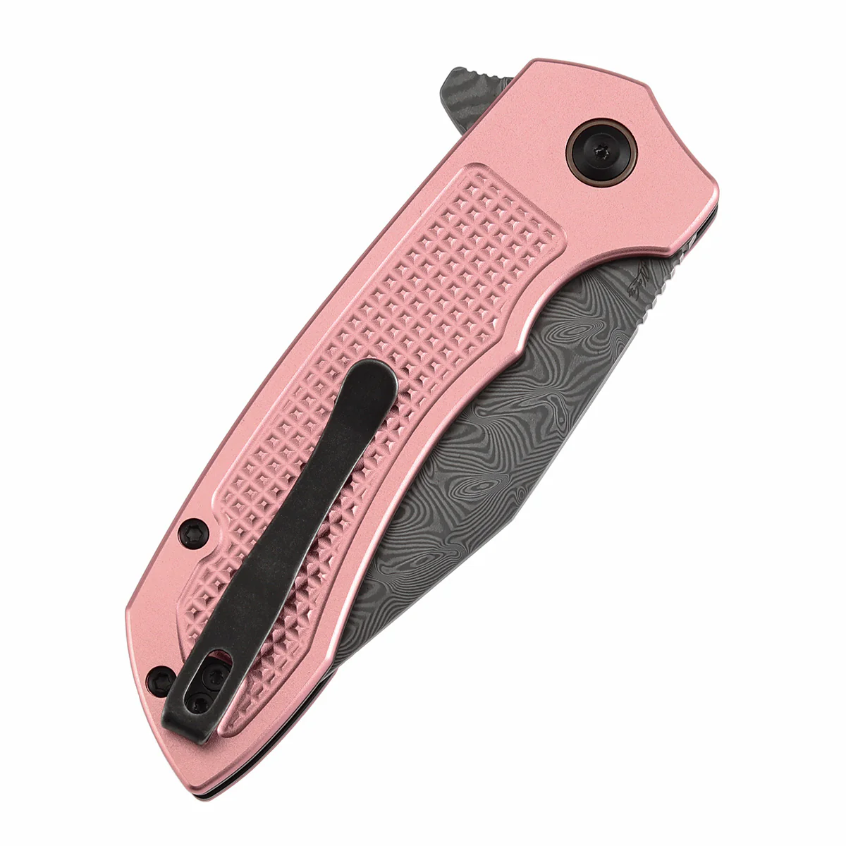 Entity Button Lock Flipper Knife - 3.52'' Water Ripple Damascus Blade| Rose Gold Aluminum Handle| Nalu Knives - B1036F4 - Image 7