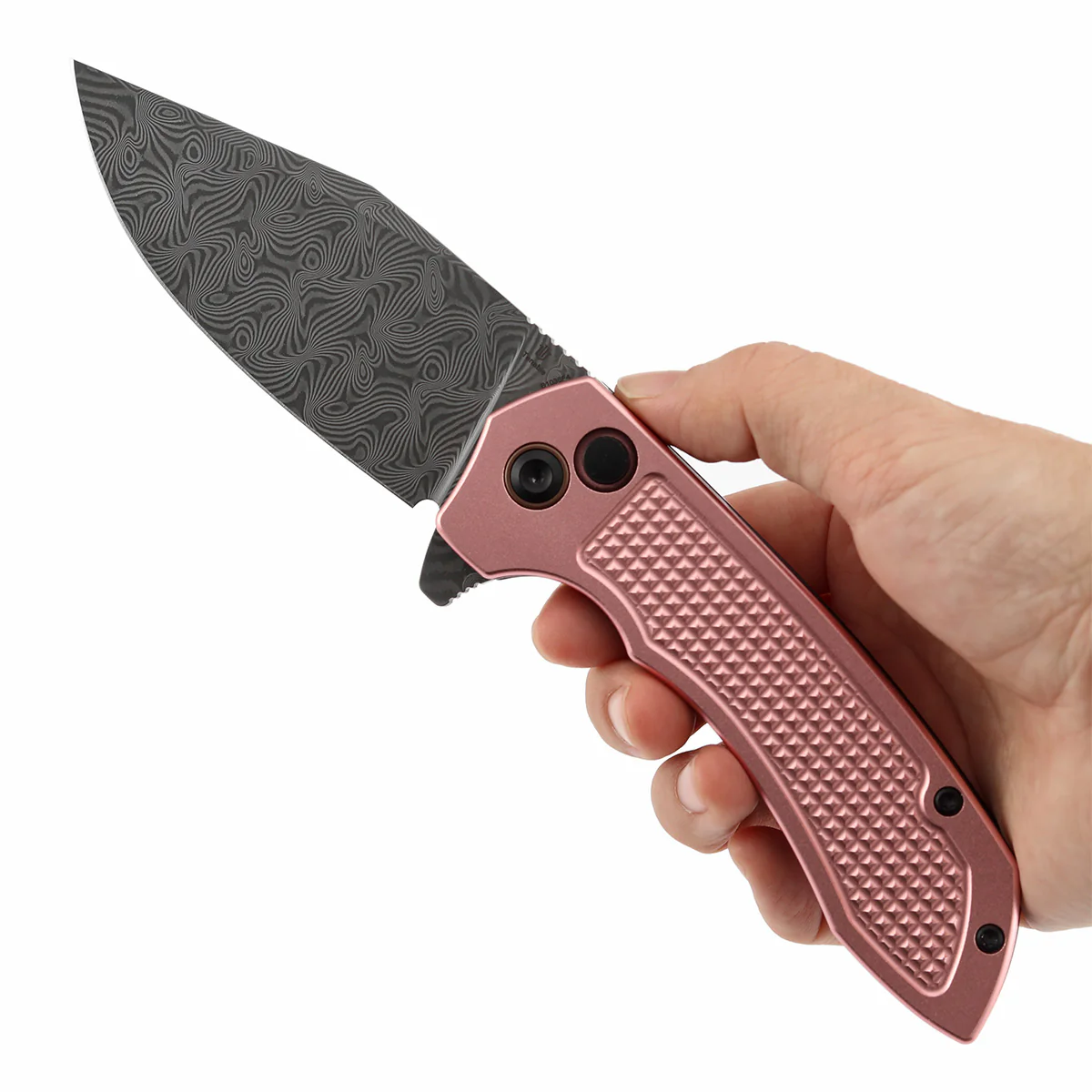 Entity Button Lock Flipper Knife - 3.52'' Water Ripple Damascus Blade| Rose Gold Aluminum Handle| Nalu Knives - B1036F4 - Image 9