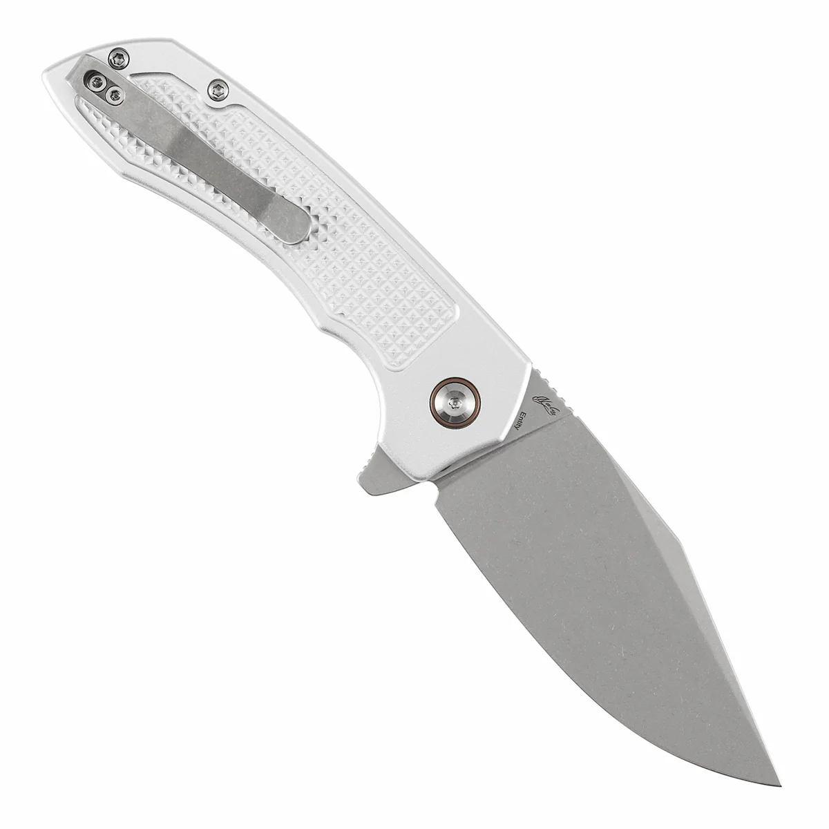 Entity Button Lock Folding Knife - 3.52'' Stonewashed 14C28N Blade| Silver Aluminum Handle| Nalu Knives - B1036F3 - Image 3