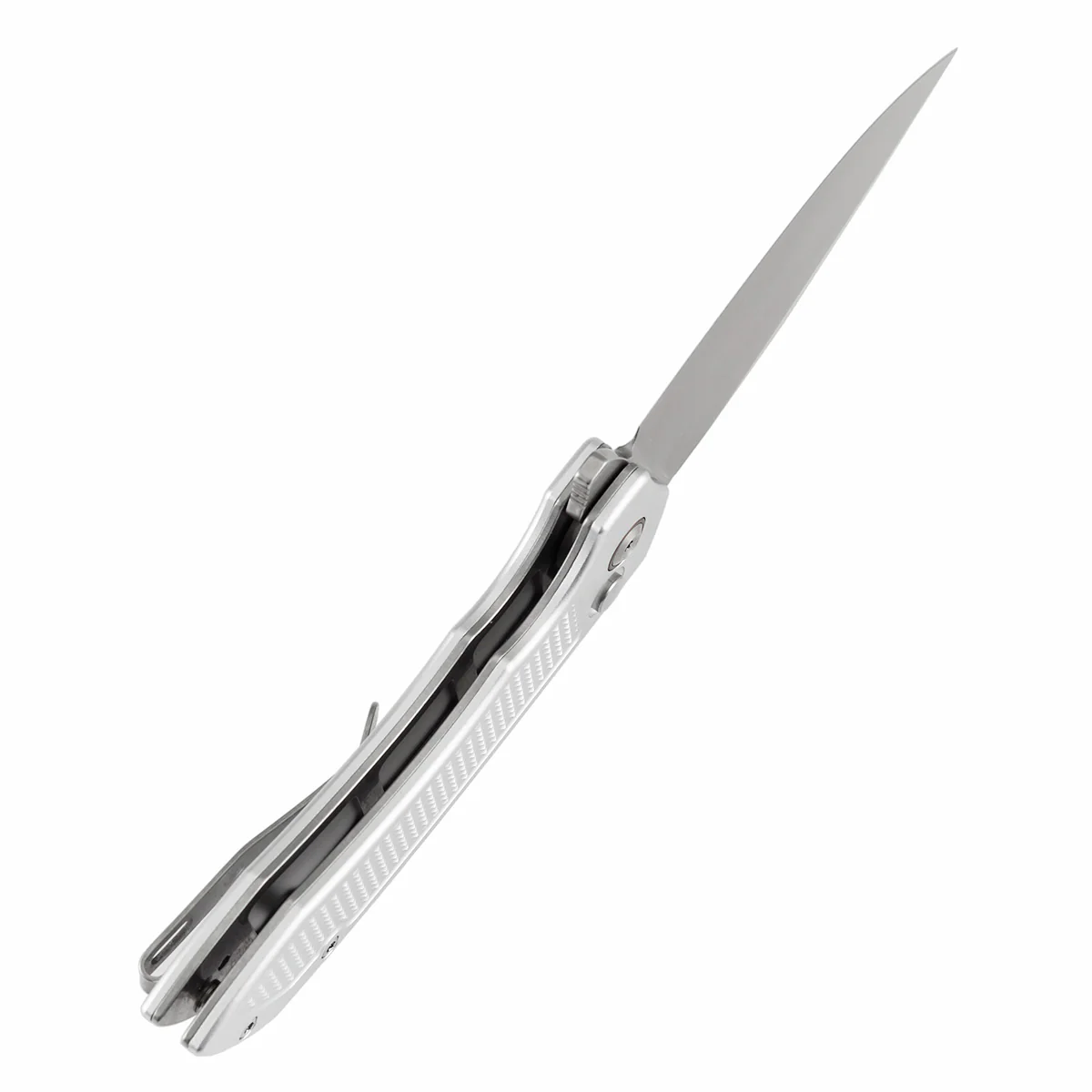 Entity Button Lock Folding Knife - 3.52'' Stonewashed 14C28N Blade| Silver Aluminum Handle| Nalu Knives - B1036F3 - Image 4