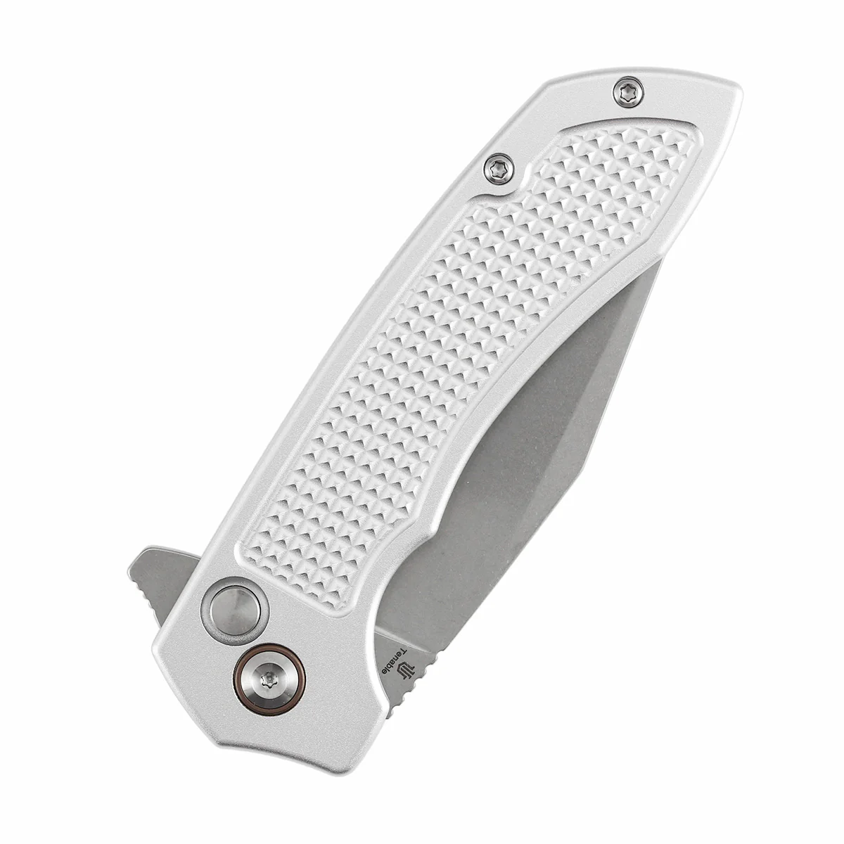 Entity Button Lock Folding Knife - 3.52'' Stonewashed 14C28N Blade| Silver Aluminum Handle| Nalu Knives - B1036F3 - Image 6