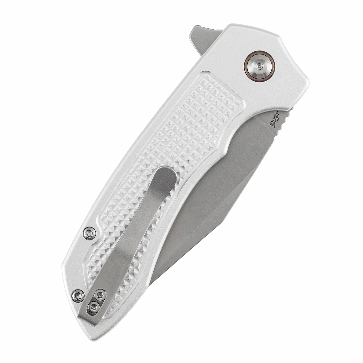 Entity Button Lock Folding Knife - 3.52'' Stonewashed 14C28N Blade| Silver Aluminum Handle| Nalu Knives - B1036F3 - Image 7