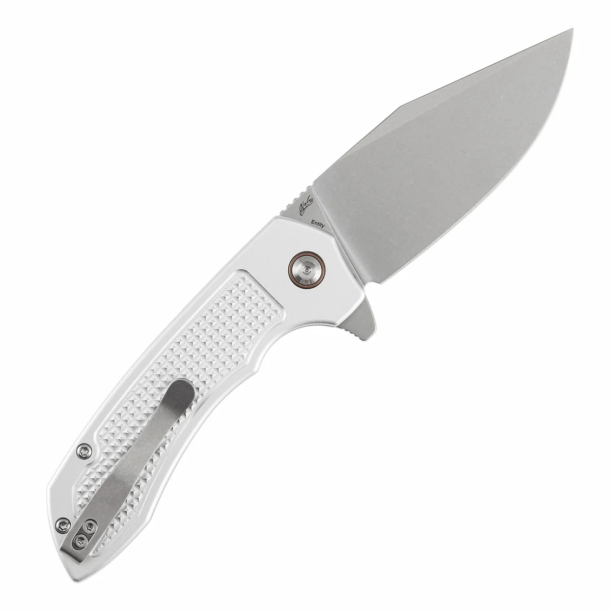 Entity Button Lock Folding Knife - 3.52'' Stonewashed 14C28N Blade| Silver Aluminum Handle| Nalu Knives - B1036F3 - Image 8