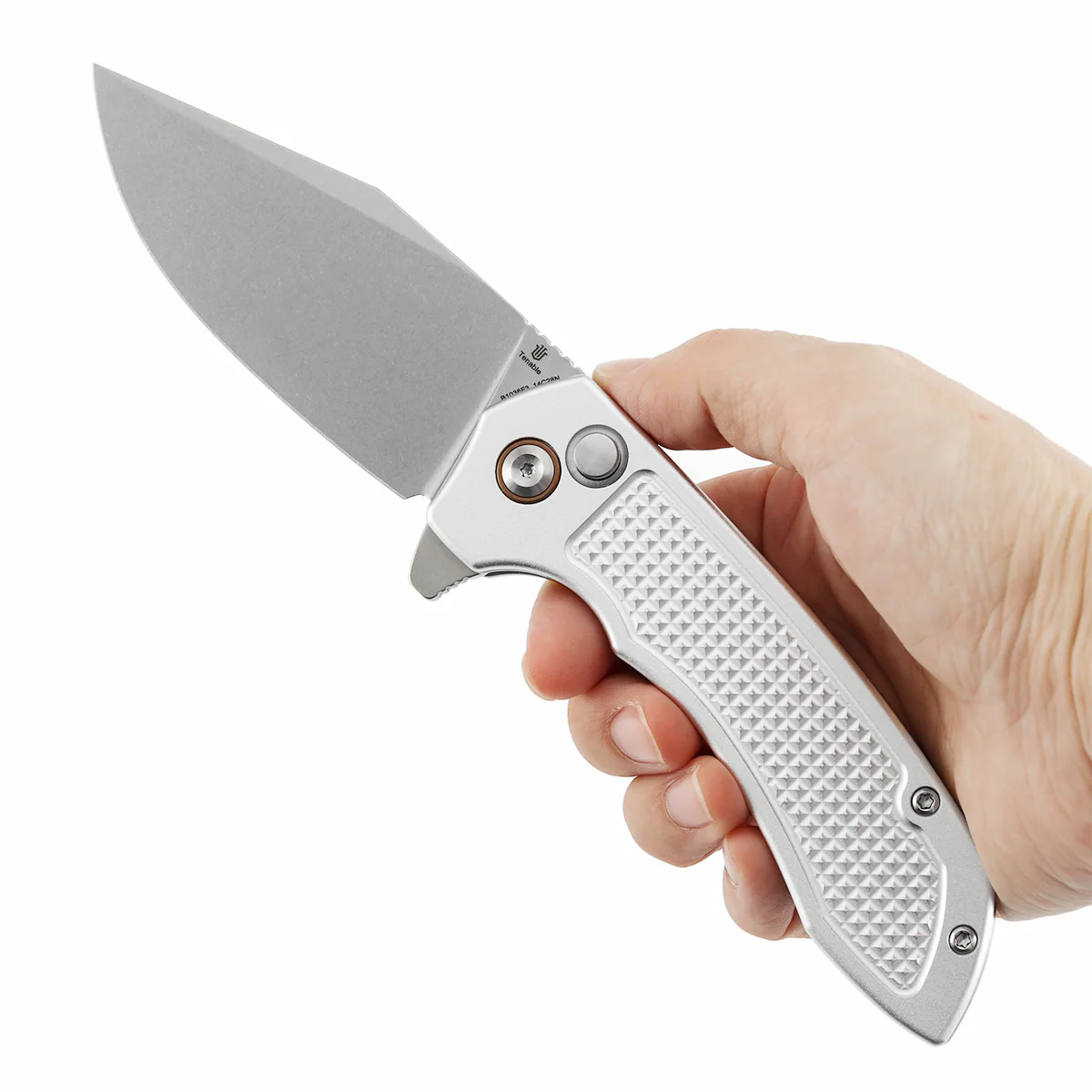 Entity Button Lock Folding Knife - 3.52'' Stonewashed 14C28N Blade| Silver Aluminum Handle| Nalu Knives - B1036F3 - Image 9