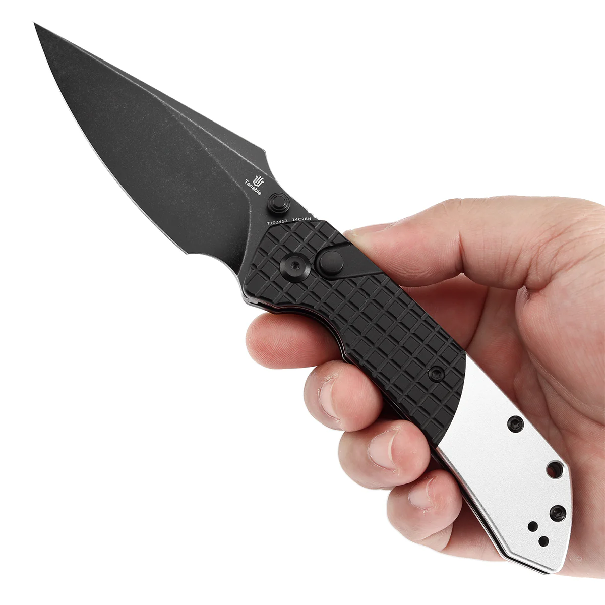 Tenable Button Lock Fenrir Folding Knife Black Frag Pattern & Plain Aluminum Handle (3.45" Blackwash 14C28N Blade) Sparrow Knife Design--T1034S2 - Image 9
