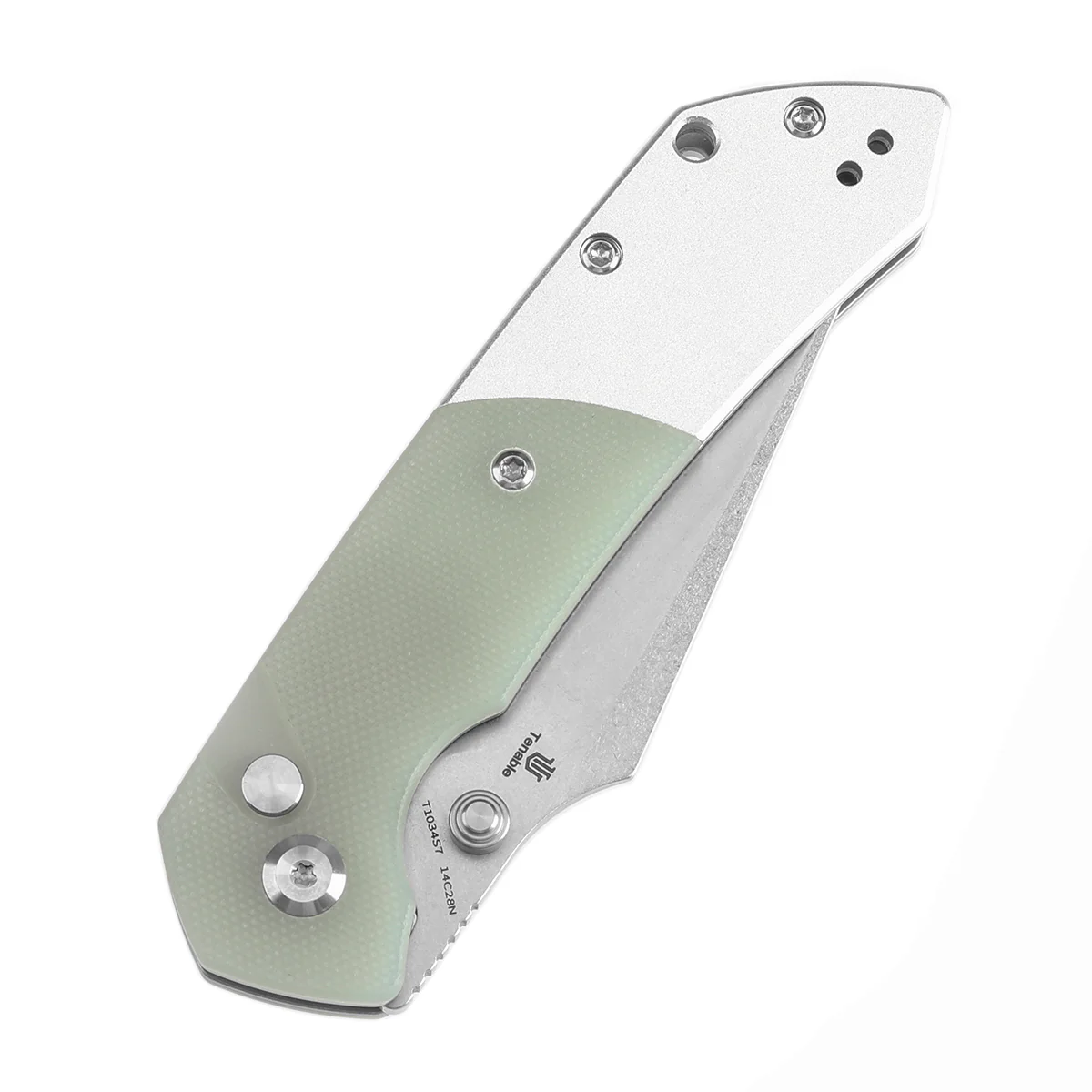 Tenable Button Lock Fenrir Folding Knife Jade G10 & Plain Aluminum Handle (3.45" Stonewashed 14C28N Blade) Sparrow Knife Design--T1034S7 - Image 6