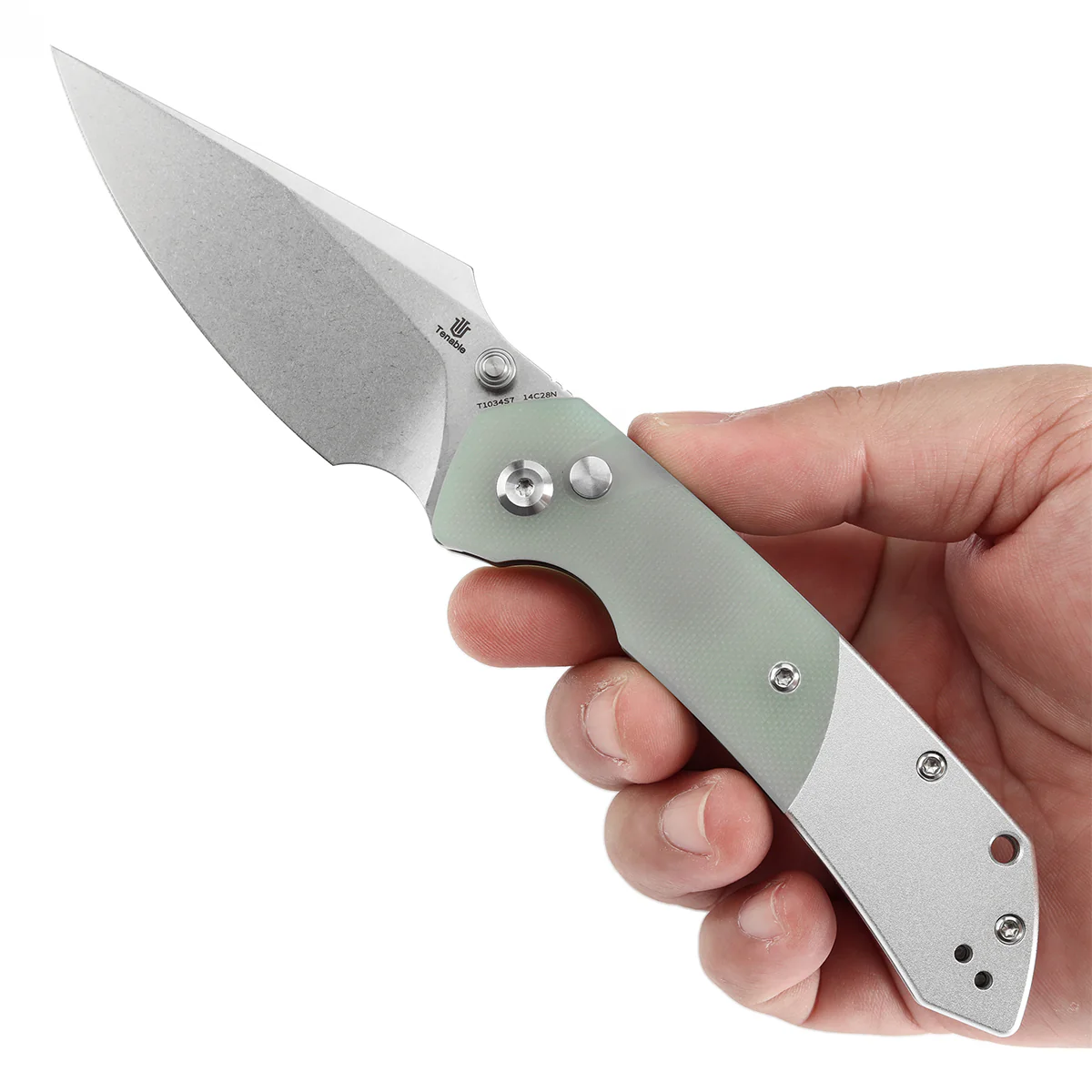 Tenable Button Lock Fenrir Folding Knife Jade G10 & Plain Aluminum Handle (3.45" Stonewashed 14C28N Blade) Sparrow Knife Design--T1034S7 - Image 9