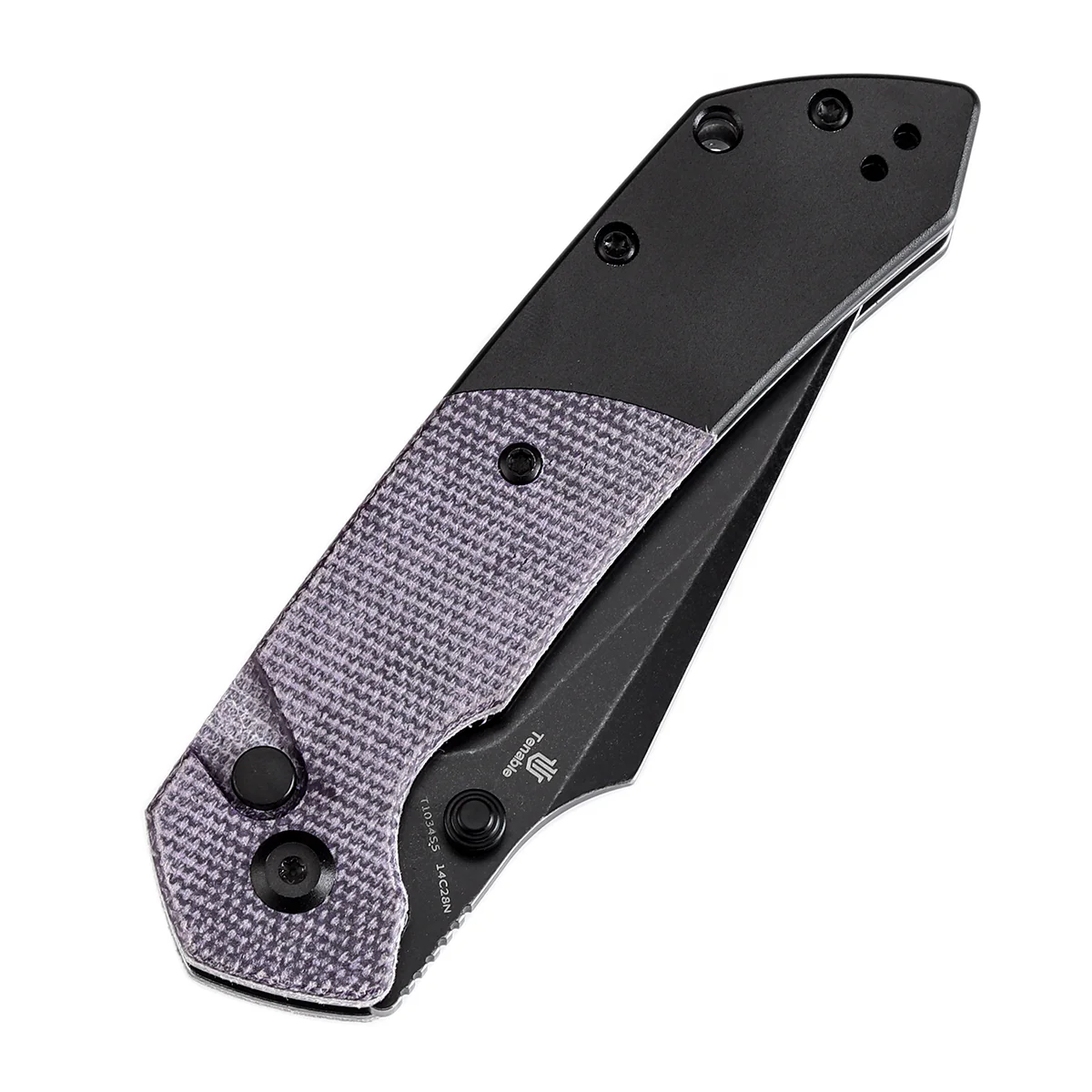 Tenable Button Lock Fenrir Folding Knife Purple Micarta & Blackwash Aluminum Handle (3.45" Blackwash 14C28N Blade) Sparrow Knife Design--T1034S5 - Image 6