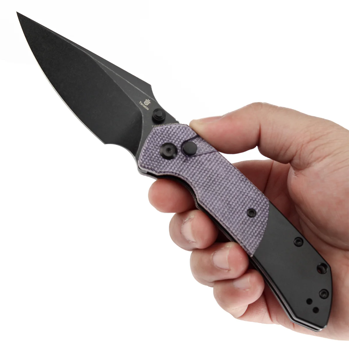 Tenable Button Lock Fenrir Folding Knife Purple Micarta & Blackwash Aluminum Handle (3.45" Blackwash 14C28N Blade) Sparrow Knife Design--T1034S5 - Image 9