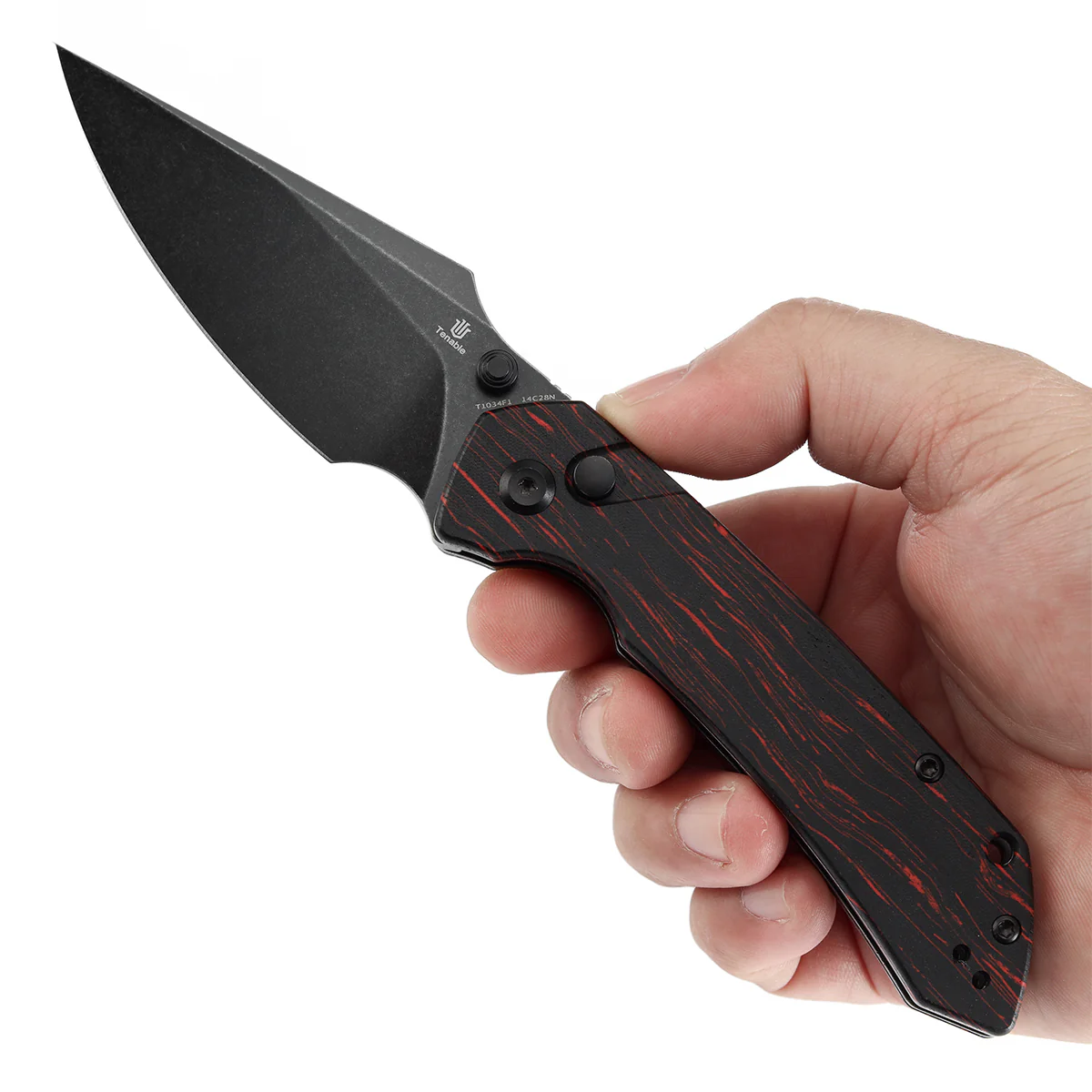 Tenable Button Lock Fenrir Folding Knife Black & Red G-mascus Handle (3.45" Blackwash 14C28N Blade) Sparrow Knife Design--T1034F1 - Image 9