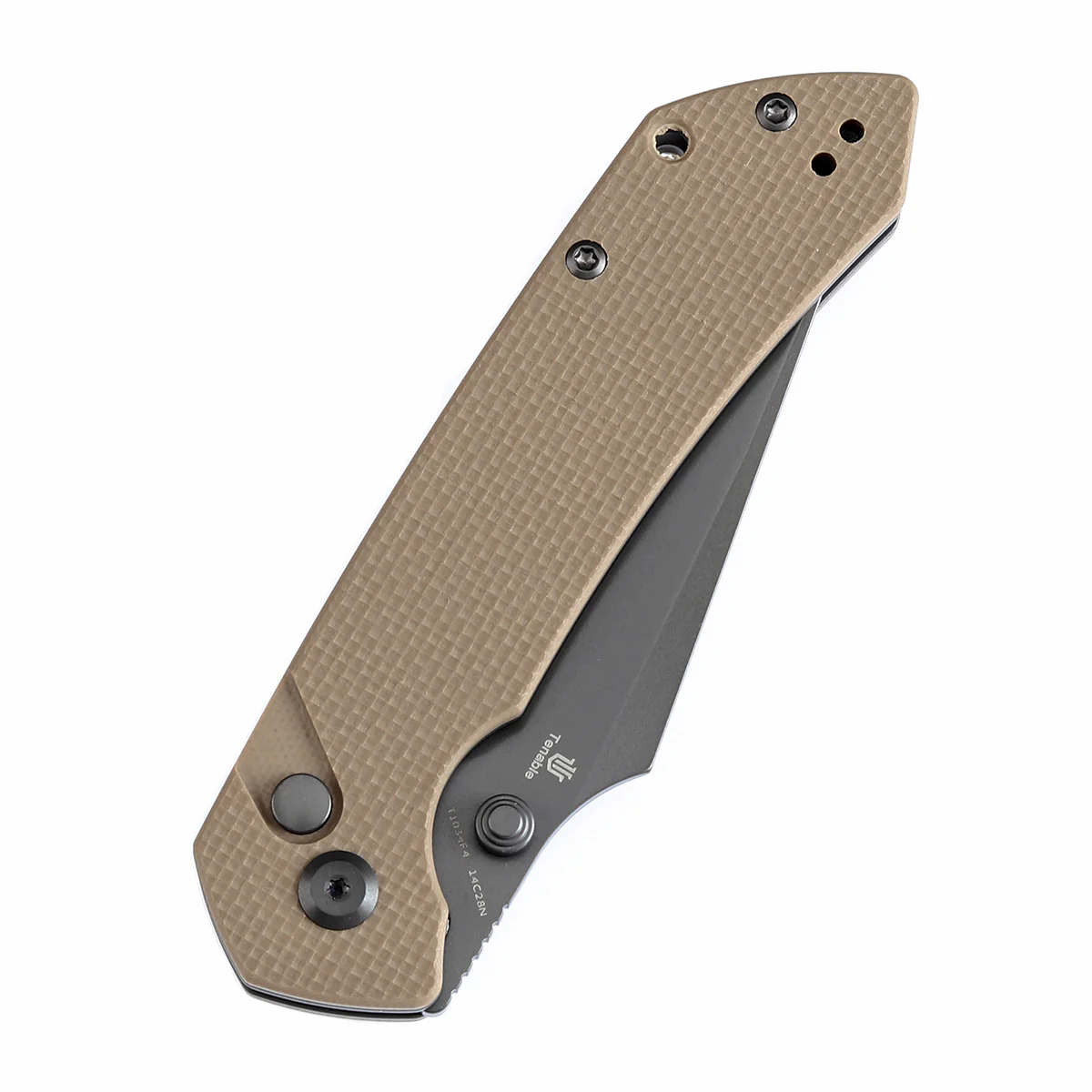 Tenable Button Lock Fenrir Folding Knife Light Sand G10 Handle (3.45" Grey TiCn Coated 14C28N Blade) Sparrow Knife Design--T1034F4 - Image 6
