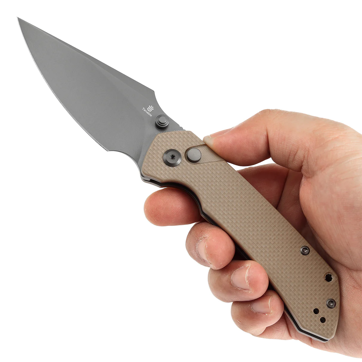 Tenable Button Lock Fenrir Folding Knife Light Sand G10 Handle (3.45" Grey TiCn Coated 14C28N Blade) Sparrow Knife Design--T1034F4 - Image 9