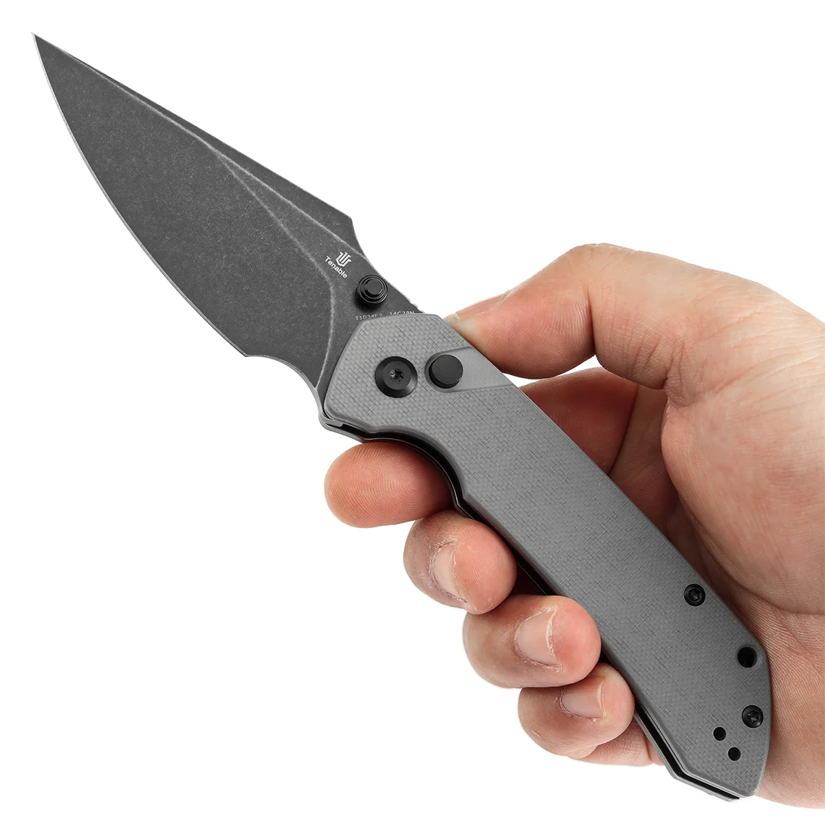 Tenable Button Lock Fenrir Folding Knife Grey G10 Handle (3.45" Blackwash 14C28N Blade) Sparrow Knife Design--T1034F3 - Image 9