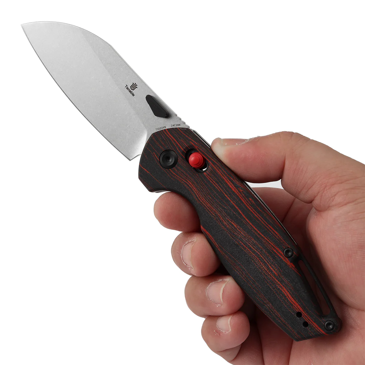 Tenable Model 6 Cross Bar Lock | Red & Black G-mascus Handle | 3.1" Stonewashed 14C28N Blade | Nick Swan Design--T1022V8 - Image 9