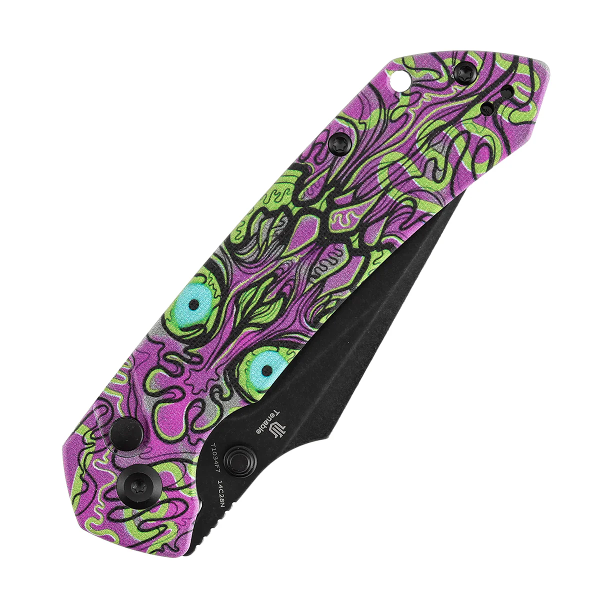 Tenable Fenrir Button Lock Knife | Jade G10 with Purple Undead Print Handle | 3.45" Blackwash 14C28N Blade| Sparrow Knife Design | T1034F7 - Image 6