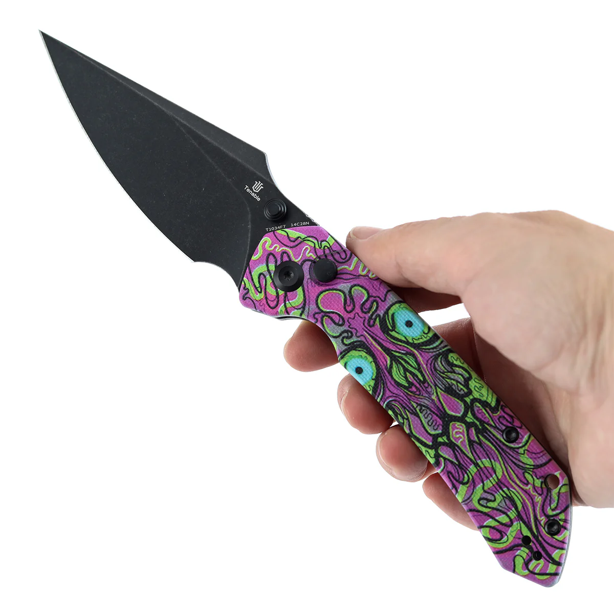 Tenable Fenrir Button Lock Knife | Jade G10 with Purple Undead Print Handle | 3.45" Blackwash 14C28N Blade| Sparrow Knife Design | T1034F7 - Image 9