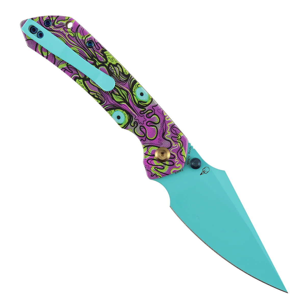 Tenable Fenrir Button Lock Knife | Jade G10 with Purple Undead Print Handle | 3.45" Blue Coated 14C28N Blade| Sparrow Knife Design | T1034F9 - Image 3