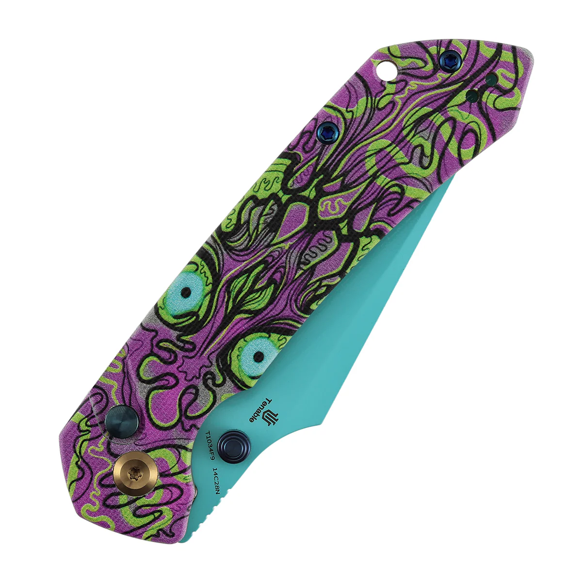 Tenable Fenrir Button Lock Knife | Jade G10 with Purple Undead Print Handle | 3.45" Blue Coated 14C28N Blade| Sparrow Knife Design | T1034F9 - Image 6