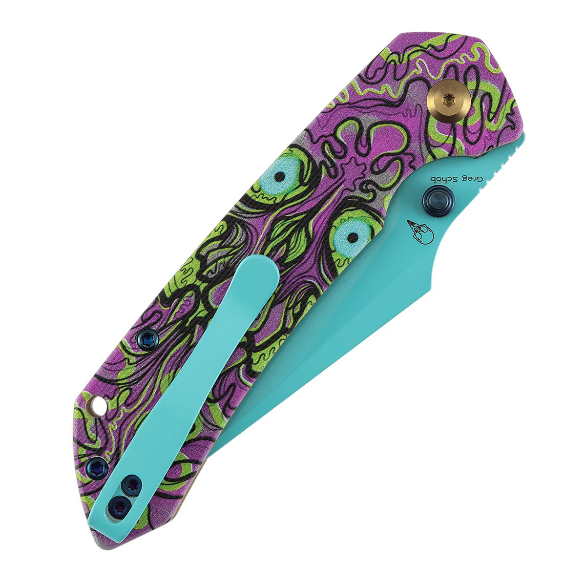 Tenable Fenrir Button Lock Knife | Jade G10 with Purple Undead Print Handle | 3.45" Blue Coated 14C28N Blade| Sparrow Knife Design | T1034F9 - Image 7