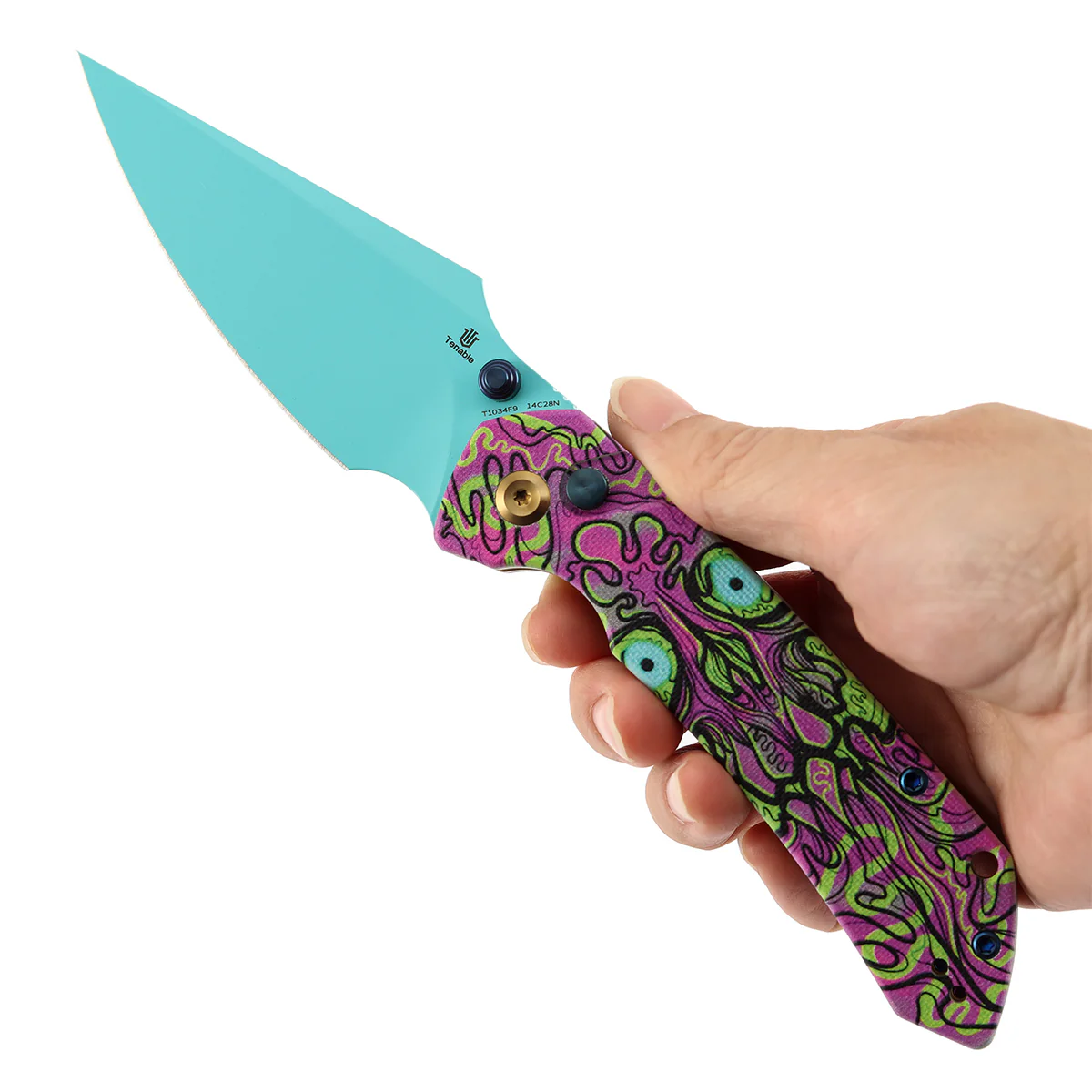 Tenable Fenrir Button Lock Knife | Jade G10 with Purple Undead Print Handle | 3.45" Blue Coated 14C28N Blade| Sparrow Knife Design | T1034F9 - Image 9