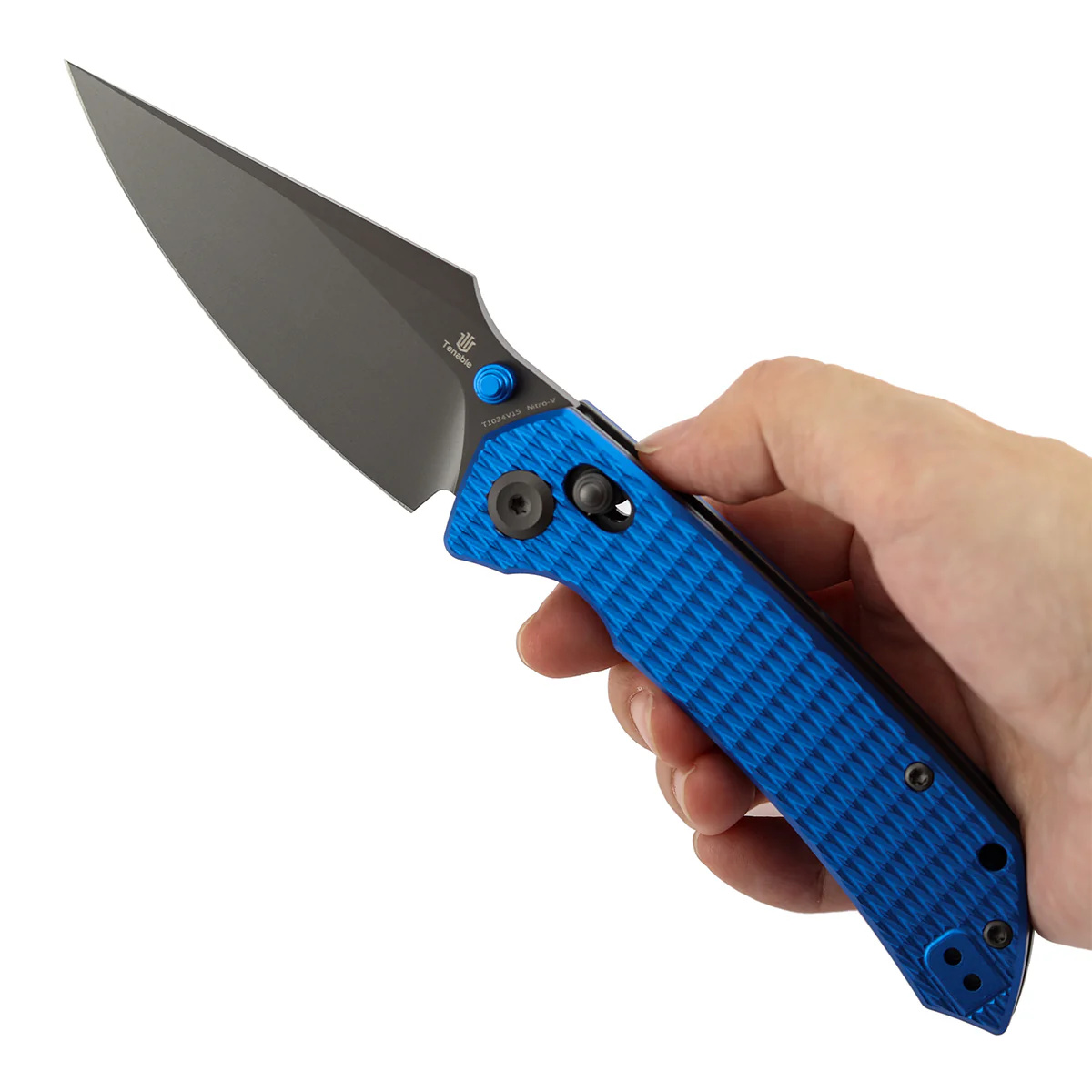 Fenrir Cross Bar Lock Folding Knife| 3.48'' Gray TiCn Coated Nitro V Blade | Blue Anodized Aluminum with Diamond Pattern Handle | Sparrow Knife Design| T1034V15 - Image 10