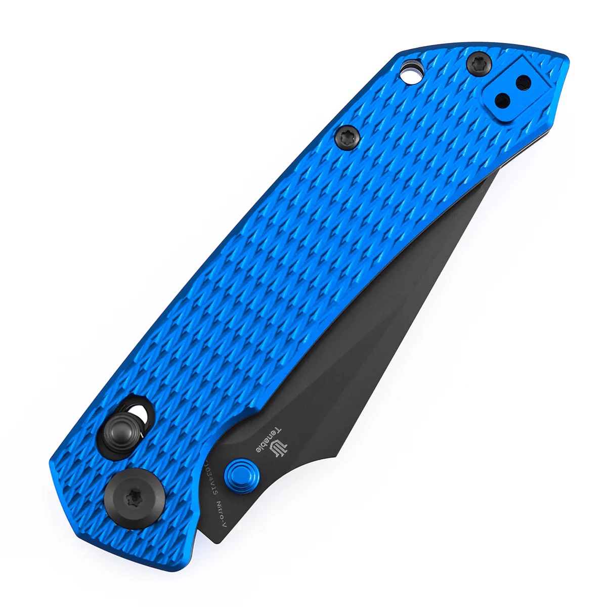 Fenrir Cross Bar Lock Folding Knife| 3.48'' Gray TiCn Coated Nitro V Blade | Blue Anodized Aluminum with Diamond Pattern Handle | Sparrow Knife Design| T1034V15 - Image 8