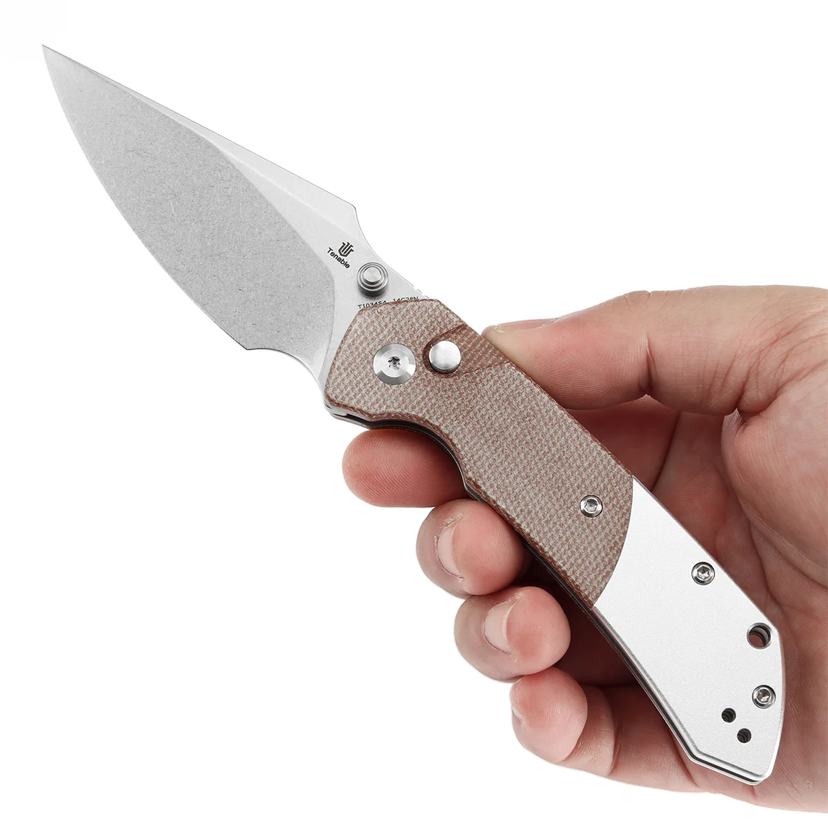 Going Gear Exclusive Tenable Fenrir Button Lock Knife Brown Micarta & Plain Aluminum Handle (3.4" Stonewashed 14C28N) T1034S4 - Image 9