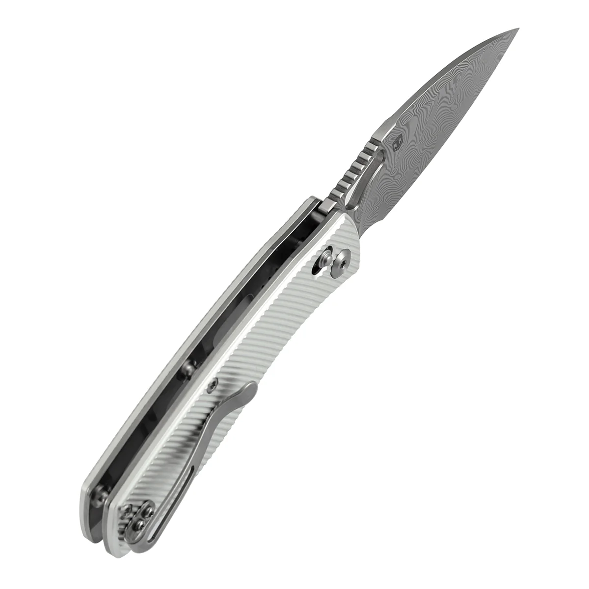 Heron Crossbar Lock Folding Knife - 3.13" Water Ripple Damascus Blade | Beadblasted Aluminum Handle | Johan Jordaan - B2124V3 - Image 5