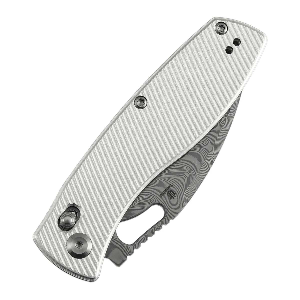 Heron Crossbar Lock Folding Knife - 3.13" Water Ripple Damascus Blade | Beadblasted Aluminum Handle | Johan Jordaan - B2124V3 - Image 6