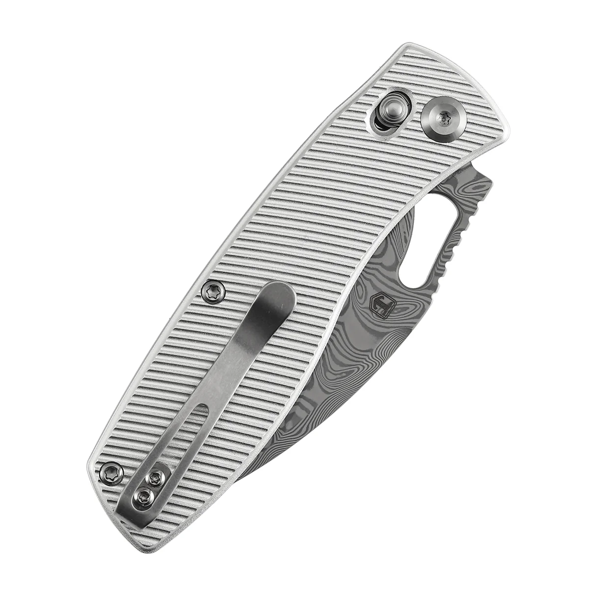Heron Crossbar Lock Folding Knife - 3.13" Water Ripple Damascus Blade | Beadblasted Aluminum Handle | Johan Jordaan - B2124V3 - Image 7
