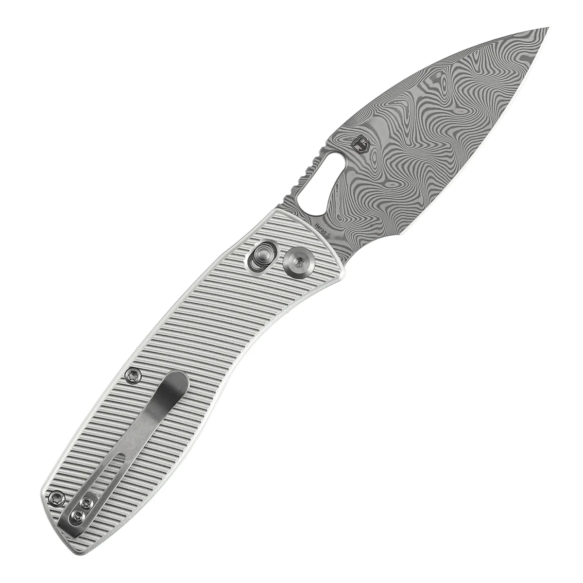 Heron Crossbar Lock Folding Knife - 3.13" Water Ripple Damascus Blade | Beadblasted Aluminum Handle | Johan Jordaan - B2124V3 - Image 8