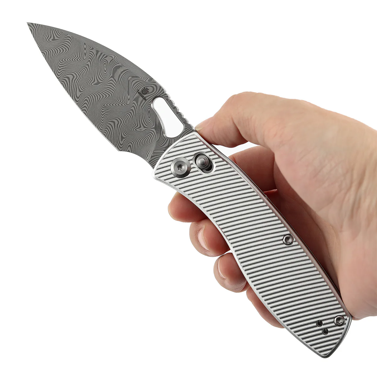Heron Crossbar Lock Folding Knife - 3.13" Water Ripple Damascus Blade | Beadblasted Aluminum Handle | Johan Jordaan - B2124V3 - Image 9