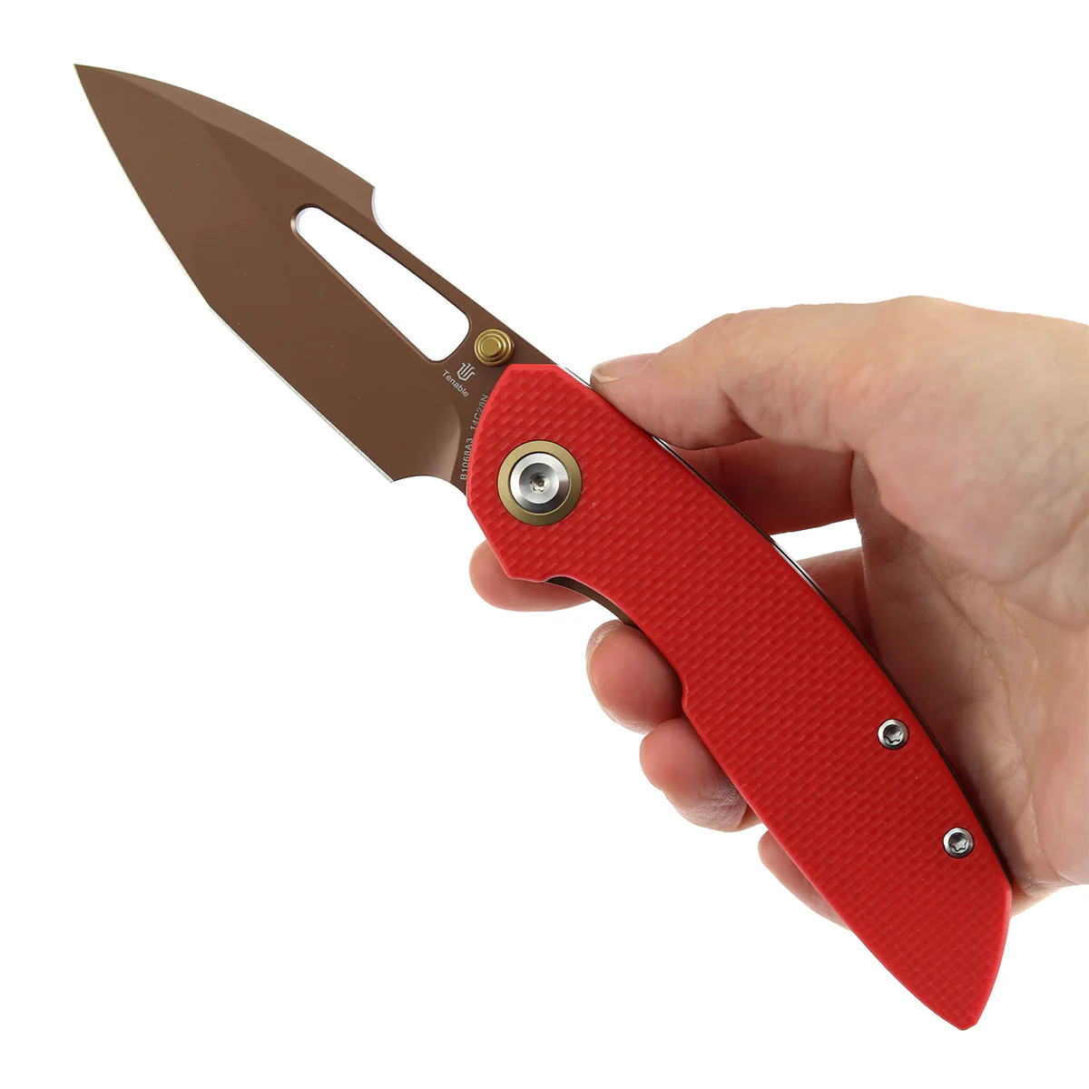 Tenable Link Folding Knife | 3.0" Rose Gold 14C28N | Coarse-textured Red G10 | Triple Stripe Knives Design | B1068A3 - Image 9