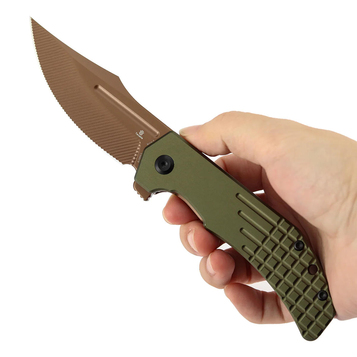 Tenable Orion Flipper Folding Knife | 3.07" Rose Gold Nitro V with CNC Milling Blade | Green Aluminum Handle | JB Stout Design | B1089C2 - Image 9