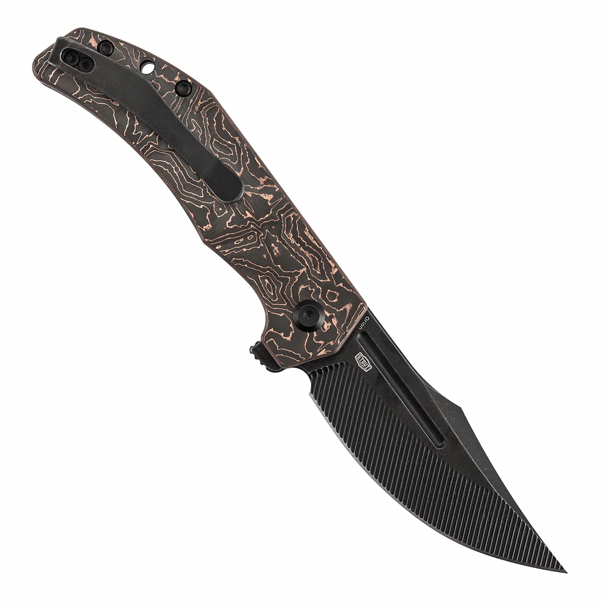 Tenable Orion Flipper Folding Knife | Copper Carbon Fiber Handle | 3.07" Blackwash Nitro V with CNC Milling Blade | JB Stout Design | B1089C3 - Image 3