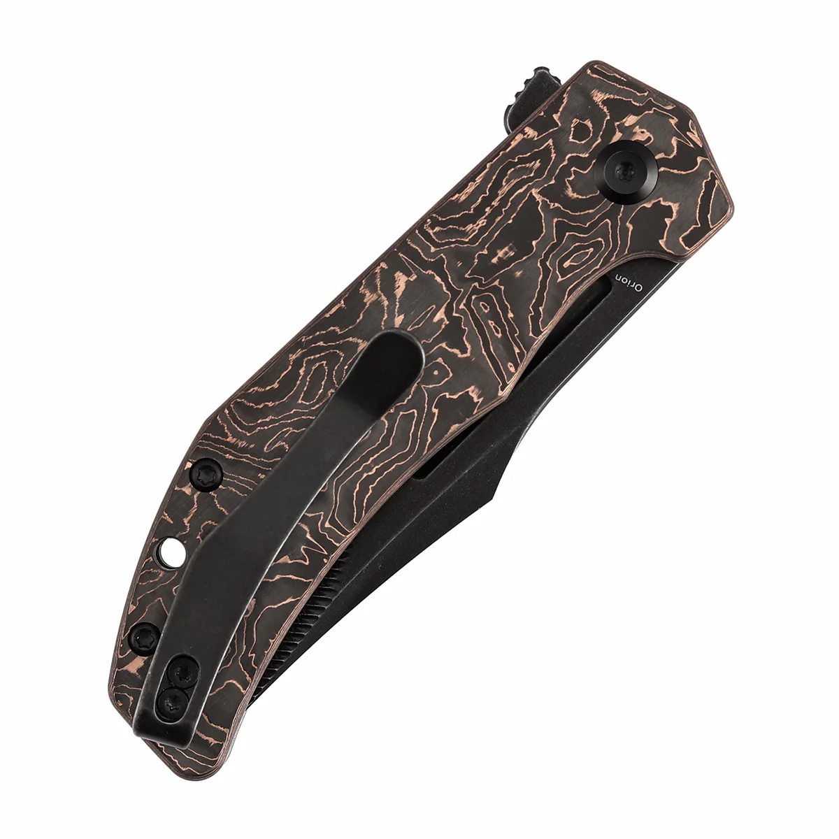 Tenable Orion Flipper Folding Knife | Copper Carbon Fiber Handle | 3.07" Blackwash Nitro V with CNC Milling Blade | JB Stout Design | B1089C3 - Image 7