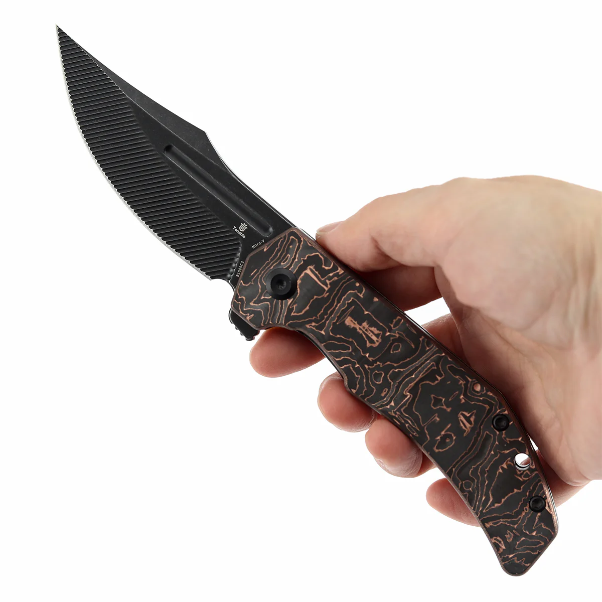 Tenable Orion Flipper Folding Knife | Copper Carbon Fiber Handle | 3.07" Blackwash Nitro V with CNC Milling Blade | JB Stout Design | B1089C3 - Image 9